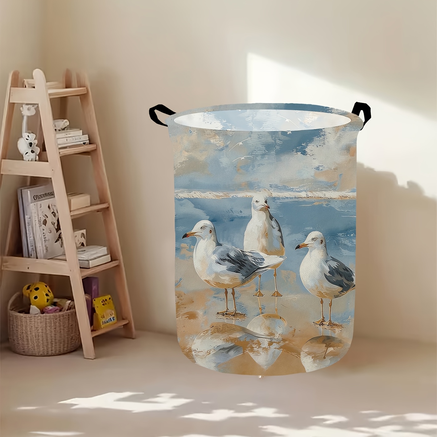 TEMU 1pc Nautical Beach Seagull Foldable Hamper Basket - Round Dirty Clothes With Sturdy Handle, Suitable For Bathroom, Bedroom, Wardrobe Storage,
