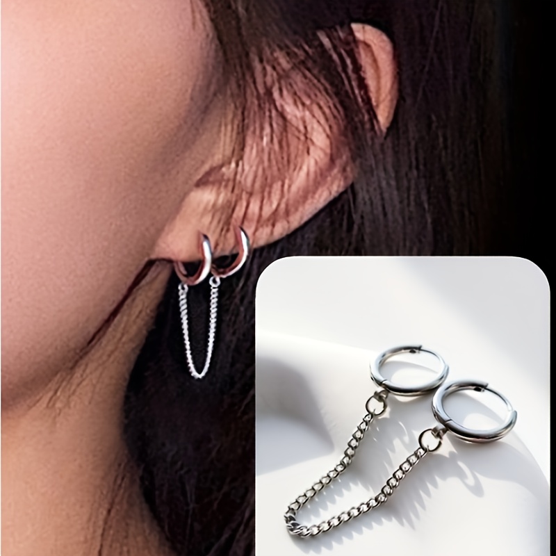 Women's Minimalist Side Chain Double Piercing Stainless Steel Ear Cuff