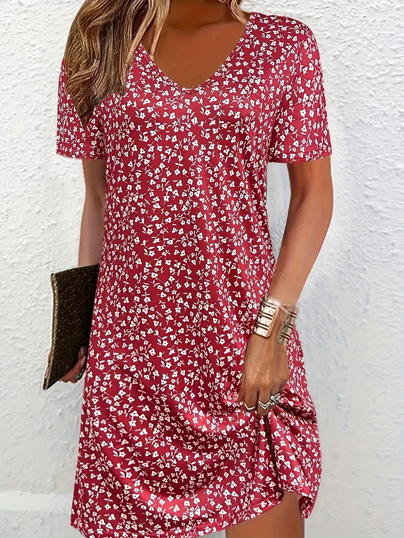 spring and summer floral print v neck dress red 0