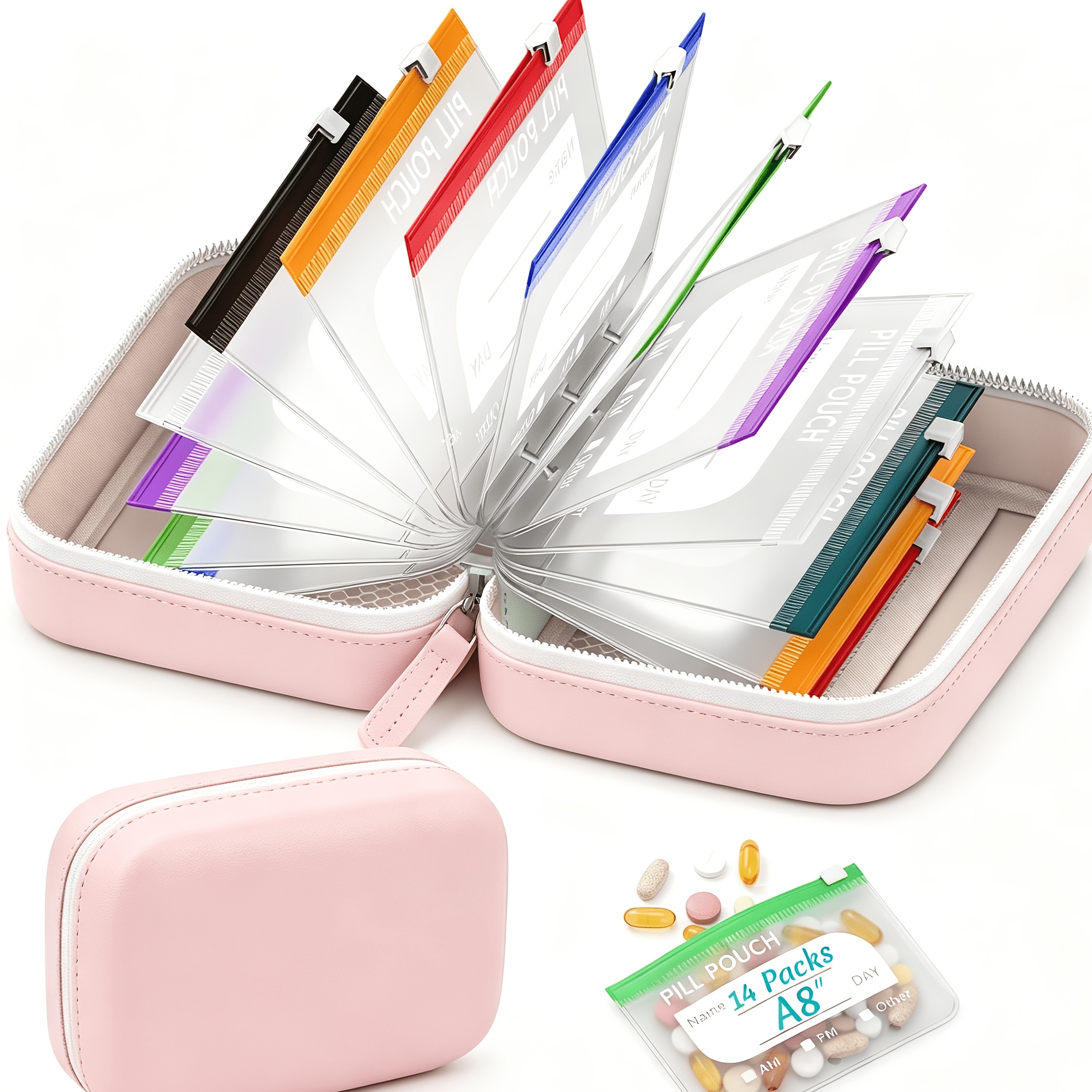 TEMU Customizable Personalized Text 1pc A8 Waterproof Medicine Bag Set, Large Weekly Pill Organizer Bag, Free 14pcs Color-coded Medicine Bags,
