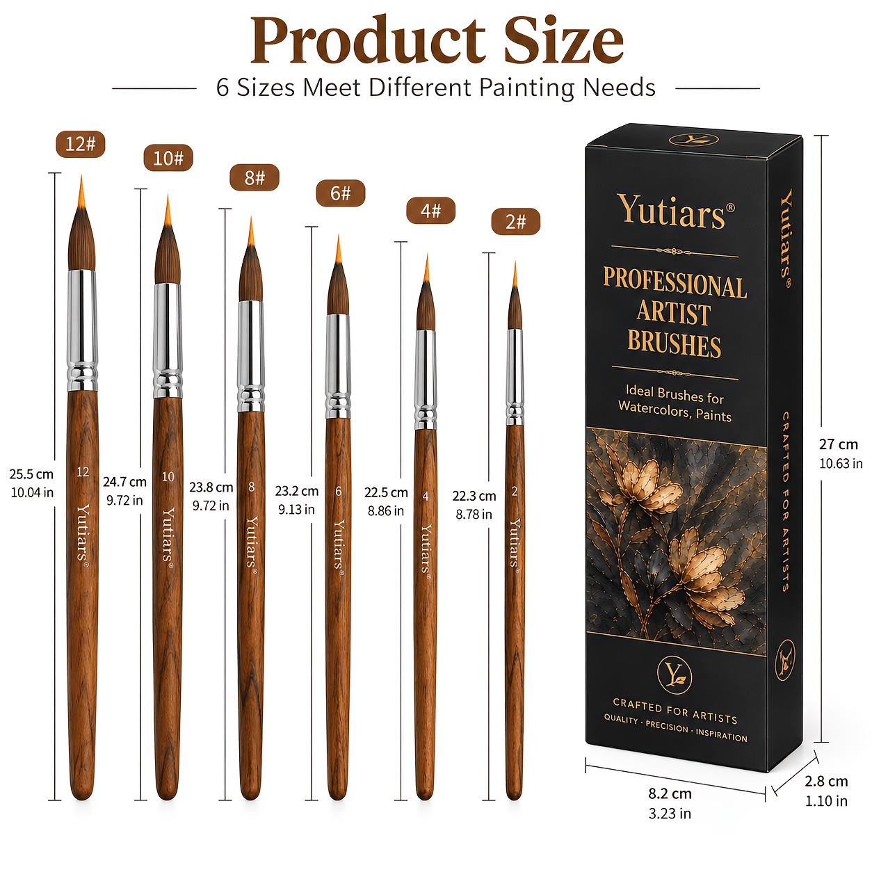 TEMU 6pcs Yutiars Professional Round Paint Brush Set With Wood Handle & Nylon Bristles - Suitable For Watercolor, Acrylic, Gouache Painting, Fine