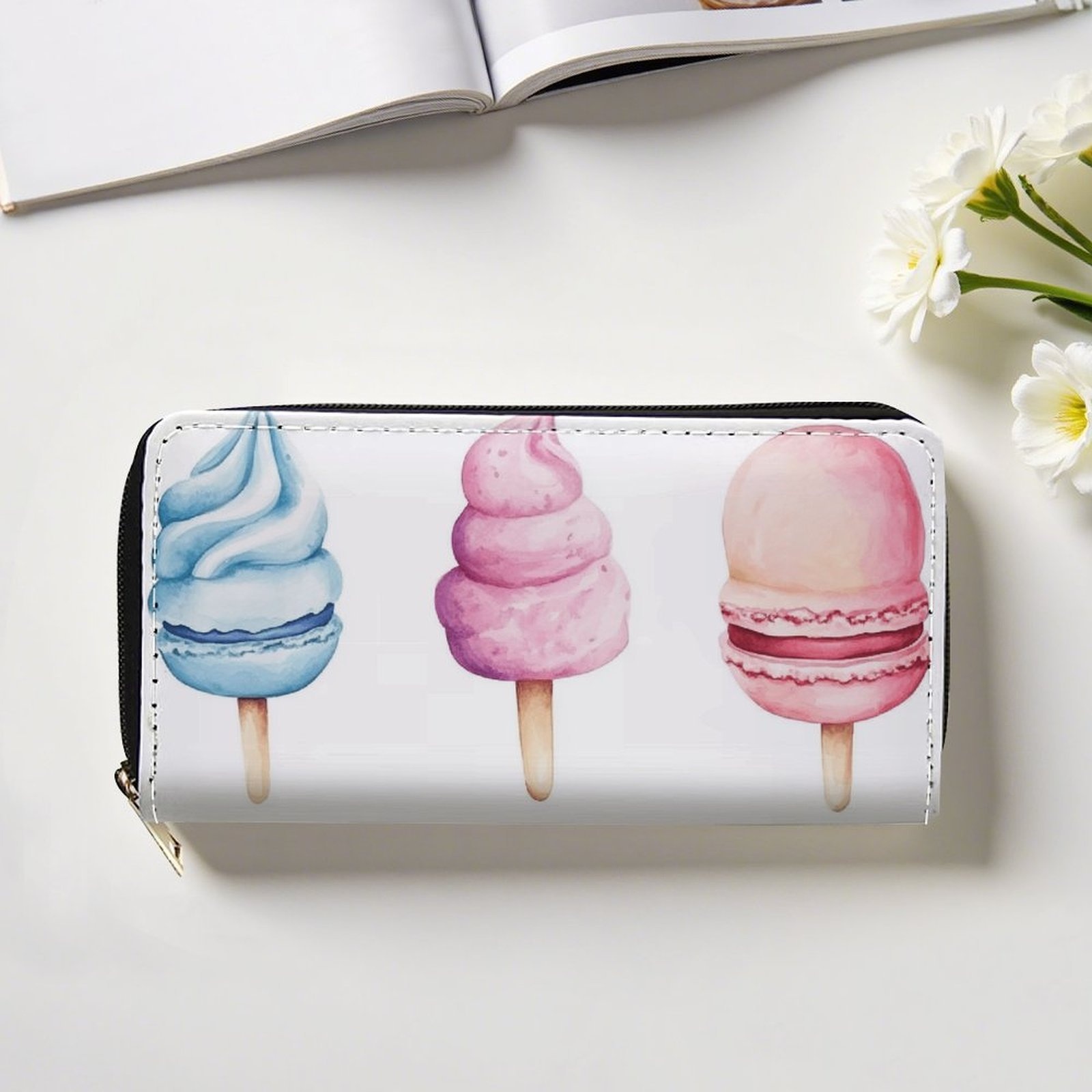 Women s & Men s Ice Cream & Macaron Wallet with Zipper Closure -   & Ice Cream Design Long Wallet with Card Holder & Coin Pocket, Golden-Tone Hardware, Wipe-Clean, Pastel Colors (Pink, Blue, White, Black) - Ideal Gift for,, Women, Men - Birthday, Wedding, Birthday Party Accessory - Multifunctional Purse Wallet with Zippered Coin Pocket