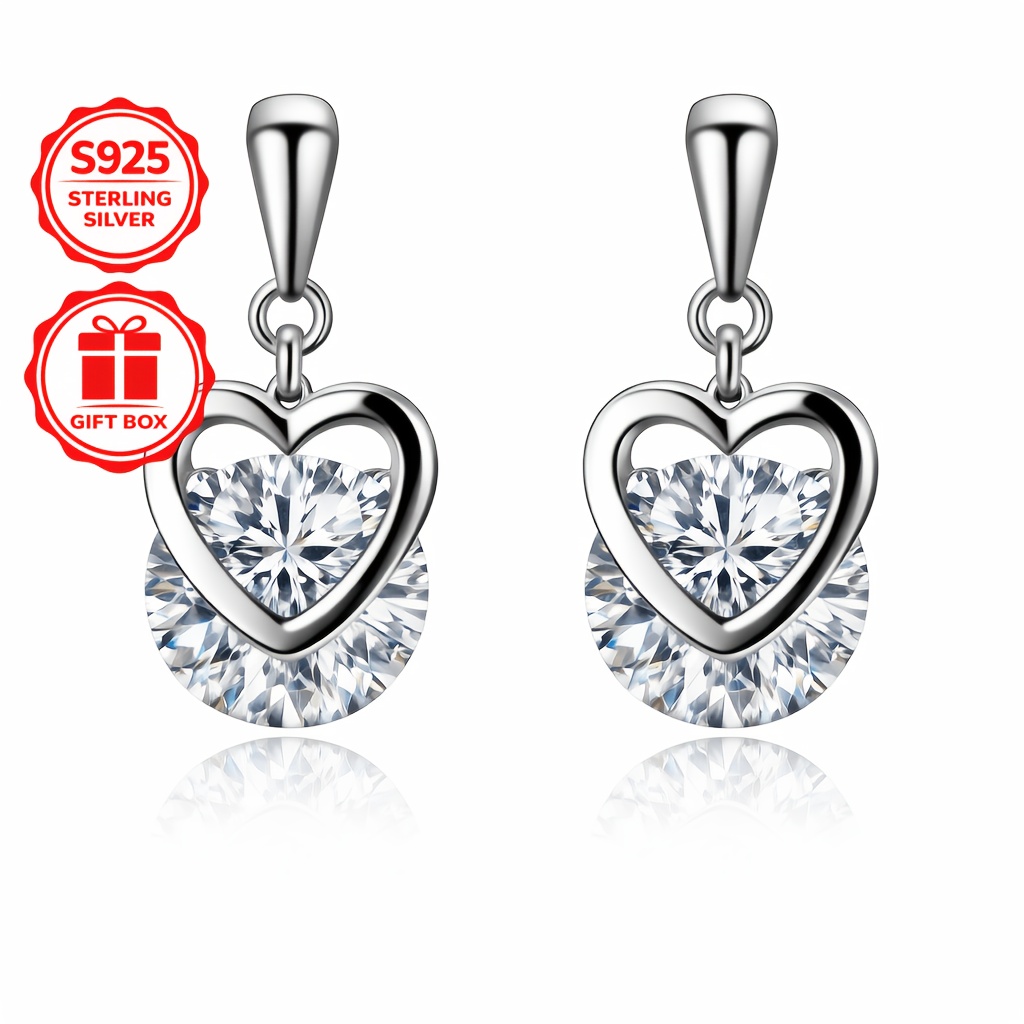 Image of New Arrival 925 Sterling Silvery Heart Moissanite Drop Earrings ( Tw), Romantic And Sweet Simple Yet Fashion-, Perfect For Daily Wear And All Outfits, Perfect For All Special Celebrations