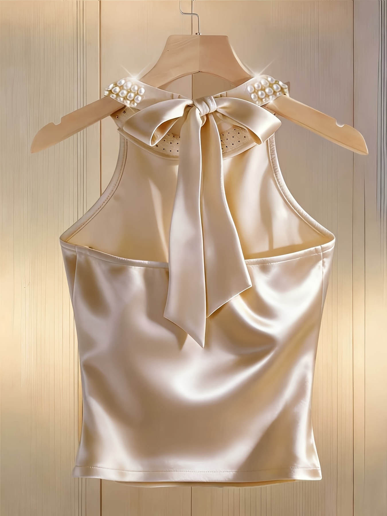 womens spring summer new french   pearl pendant back tie bow decor satin halter neck tank  186 details 2