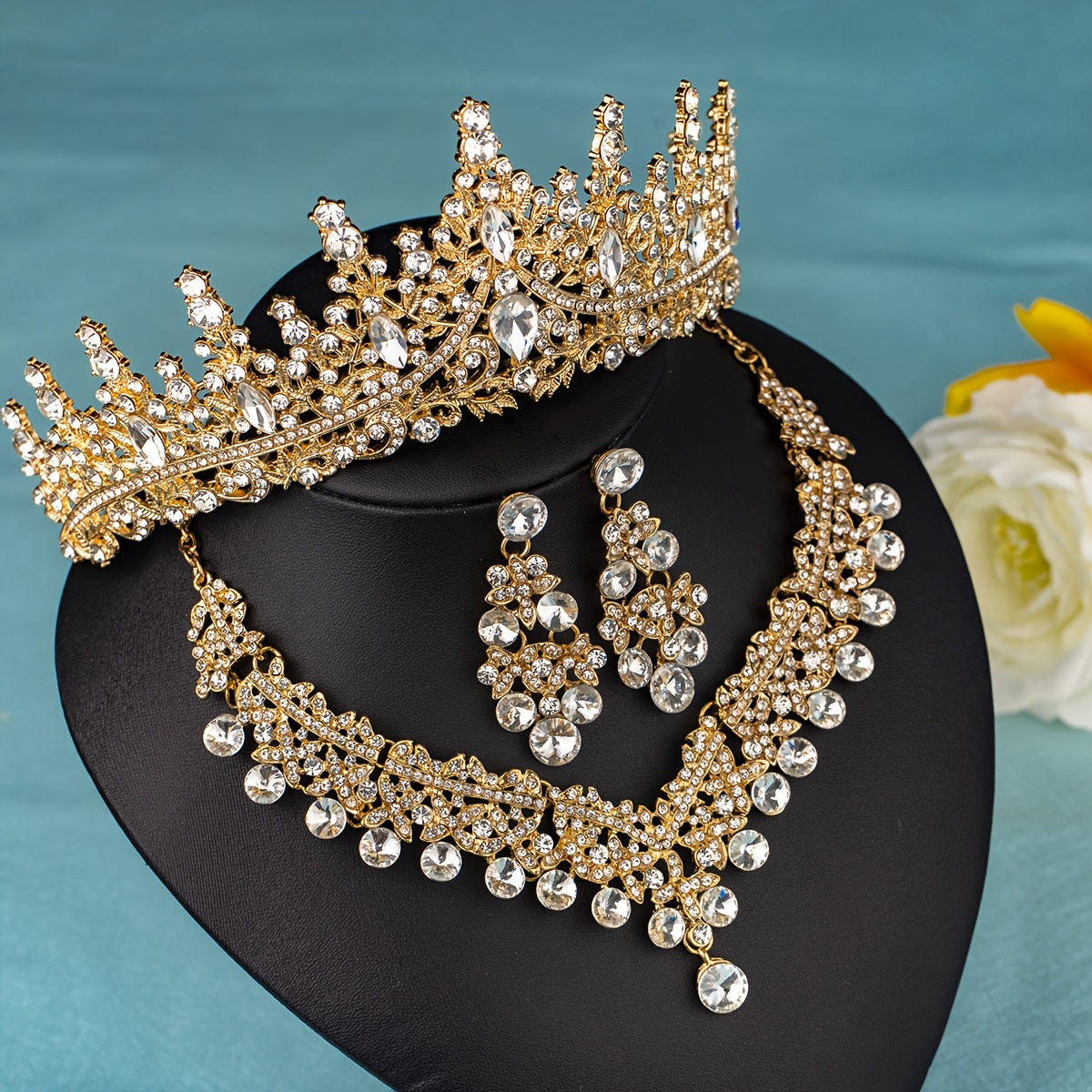 Elegant Rhinestone Crown Jewelry Set with Necklace and Earrings, Classic Zinc Alloy Bridal Tiara for Wedding, Party, Stage Performance, All-Season Accessory