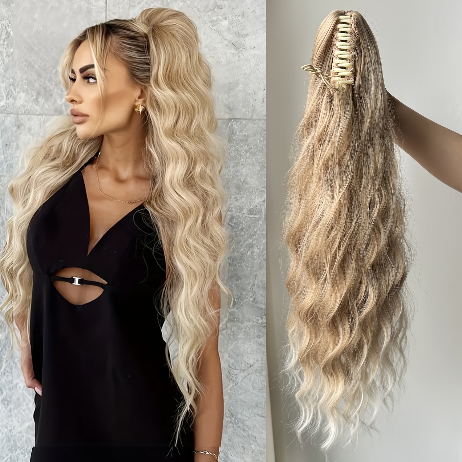 Image of Curly Wave Ponytail Wig, Fashionable Synthetic High-heat Resistant Claw Clip In Ponytail Extension, Suitable For Daily Wear, Ideal For Holiday Accessory