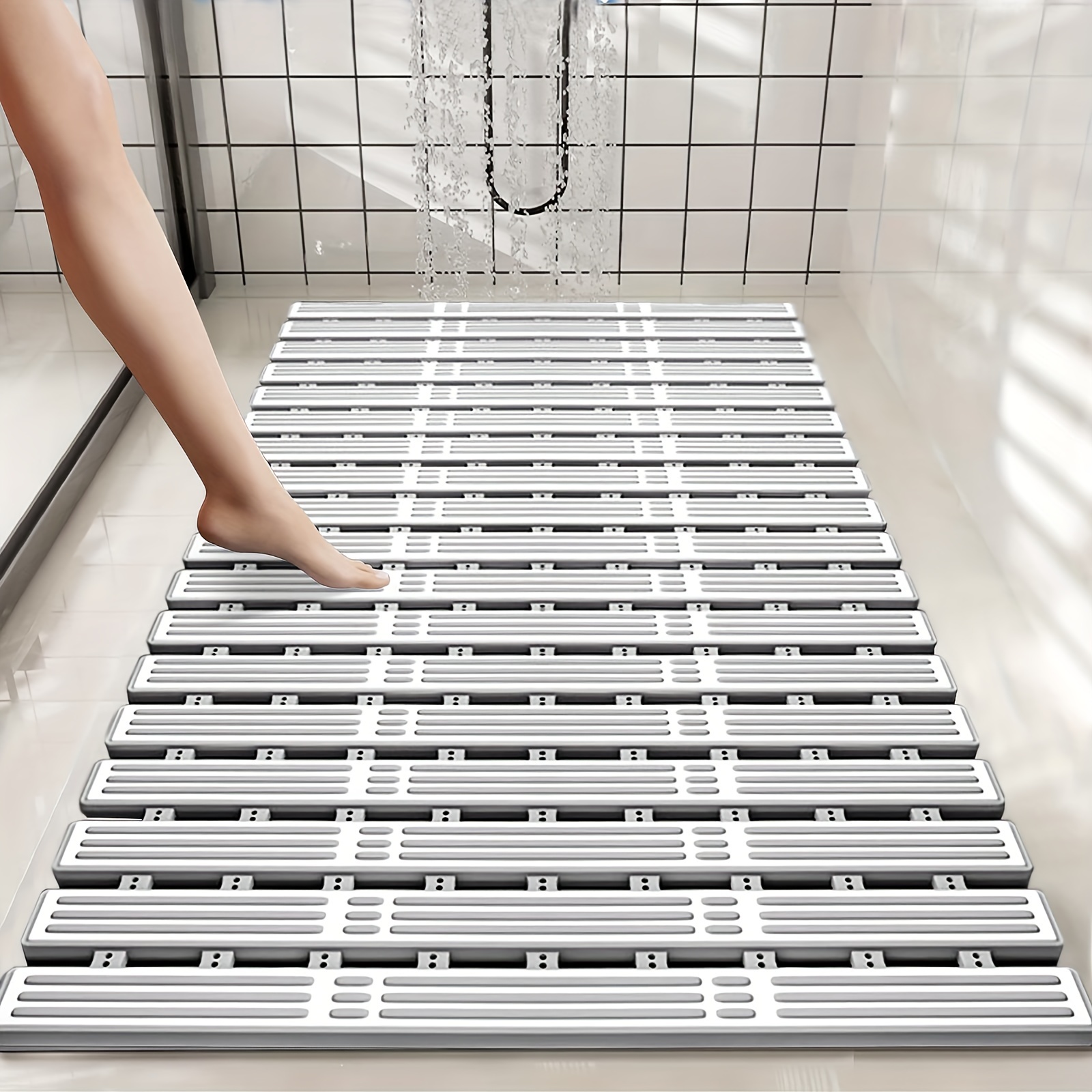 

Bath Mat Non Slip Shower Mats Anti Mould, 90 X 40 Cm Striped Textured Soft Surface Bath Mat For Inside Shower Bathroom Bath Tub Floor With Suction Cups, Grey