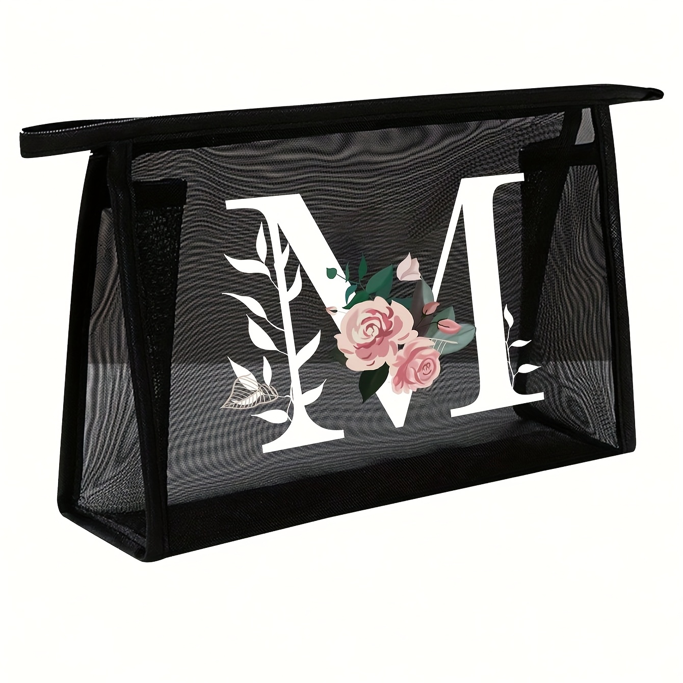 E-shop 1/2 Stück Schwarze Mesh Kulturtasche, Großes Fassungsvermögen mit Rosa Blumen und Weißen Buchstaben A-Z, Transparente Mesh Kosmetiktasche,