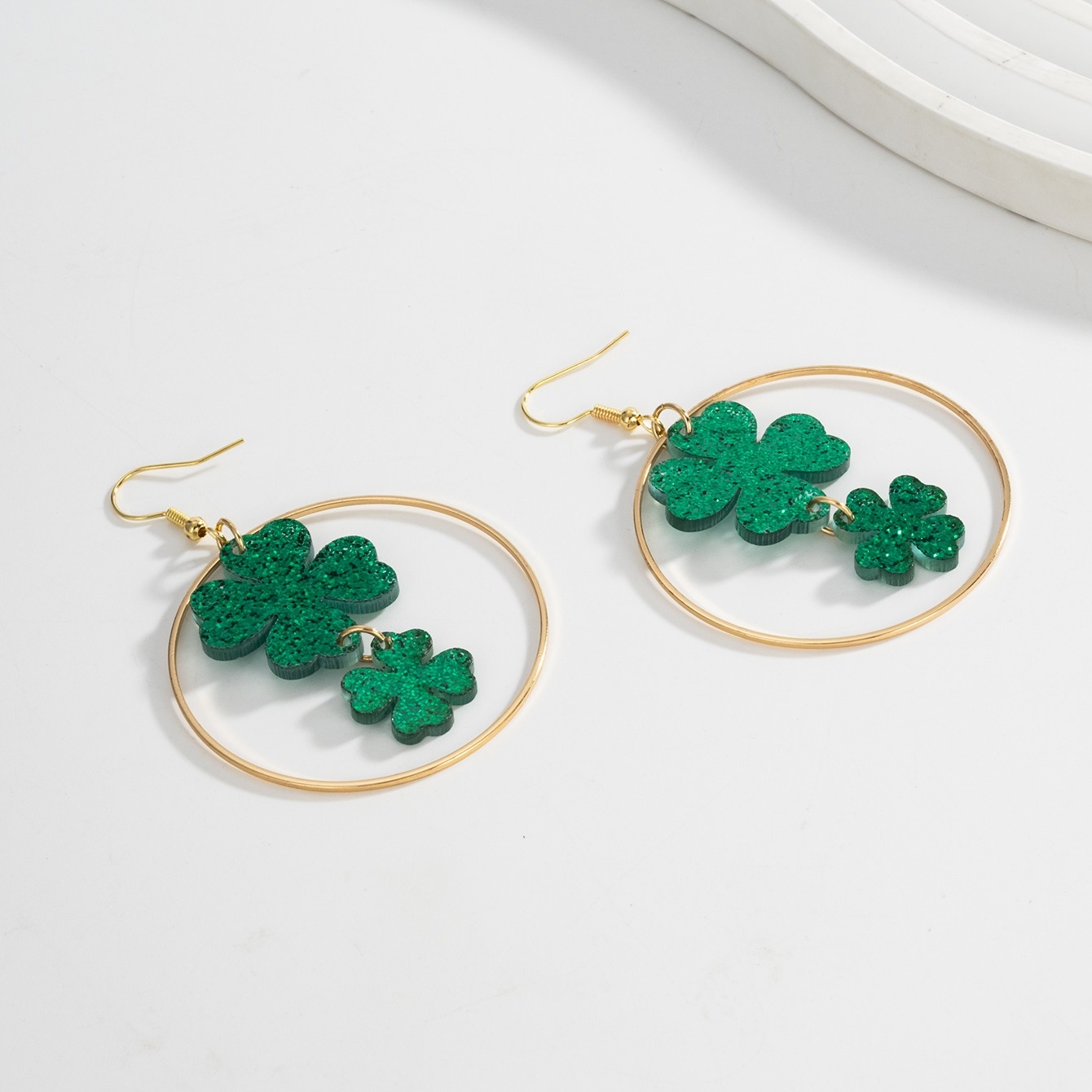 Fashionable Double-Layer Glitter Shamrock Pendant Earrings