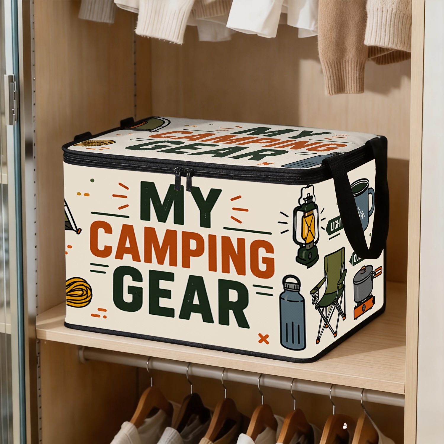 TEMU 1pc Camping Gear Letter Illustration Print Storage Bag, Polyester Fabric With Lid And Zipper, Foldable Large-capacity Storage Box, Tent, Water