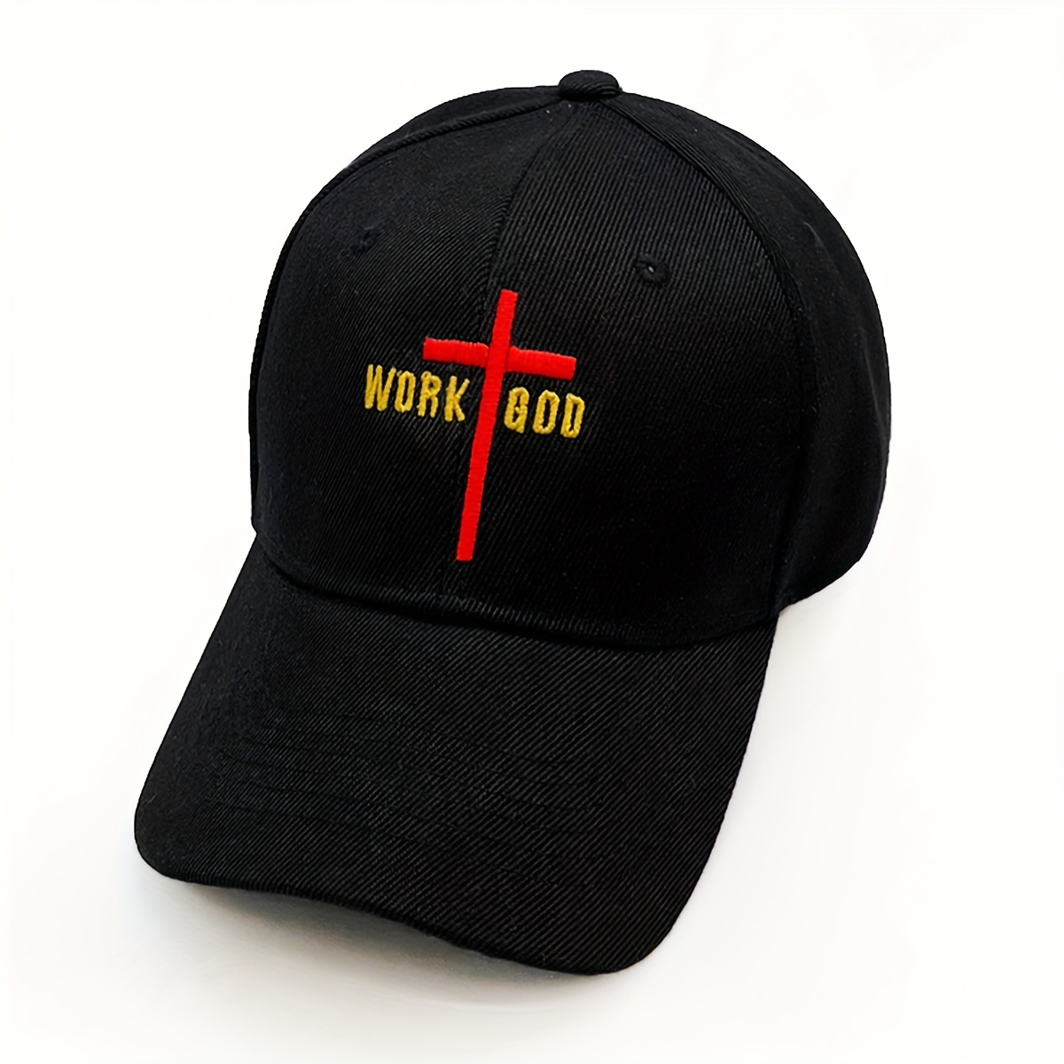 ス調節可能ベースボールキャップ ブラック 刺繍クロス＆「work god  