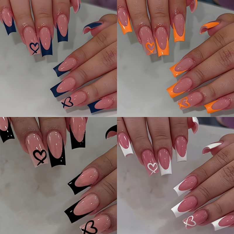 E-shop 96-teilige Medium Sargform Press-On-Nägel – Weiße Nagelspitzen, Blaue Nagelspitzen, Schwarze Nagelspitzen, Orangefarbene Nagelspitzen –