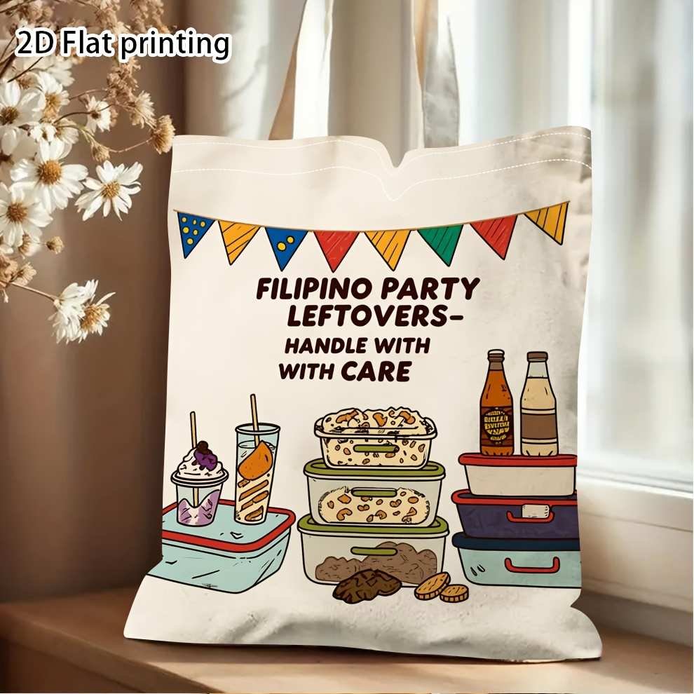 TEMU 1pc Filipino-themed Tote Bag Suitable For Potlucks & Daily - Retro Food Doodle Design With Filipino Party Leftovers Print, Machine Washable Bag