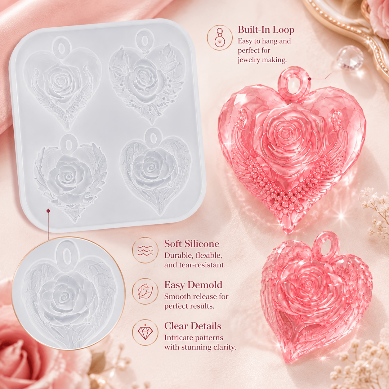 TEMU Stampo in silicone a 4 cavit� con cuore e rosa con foro, stampo fai da te per ciondolo e portachiavi in resina epossidica con design alata, per