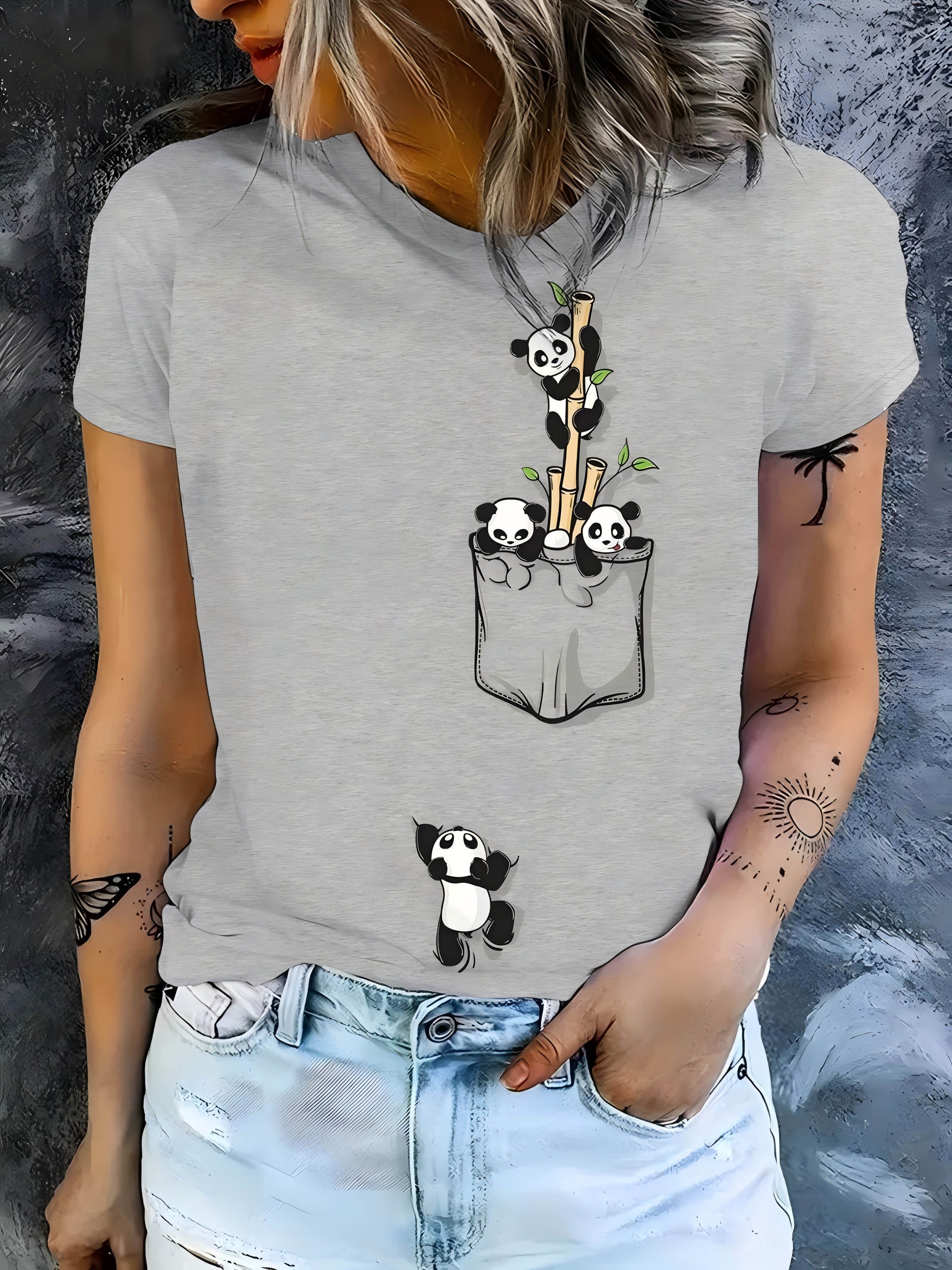 Women's Casual Elegant Panda Print Crew Neck T-Shirt - Short Sleeve Bamboo Graphic Tee, Soft Breathable Fabric, Machine Washable, Spring Summer Top, Panda Gifts, Casual Attire Shirt, Durable Print Shirt