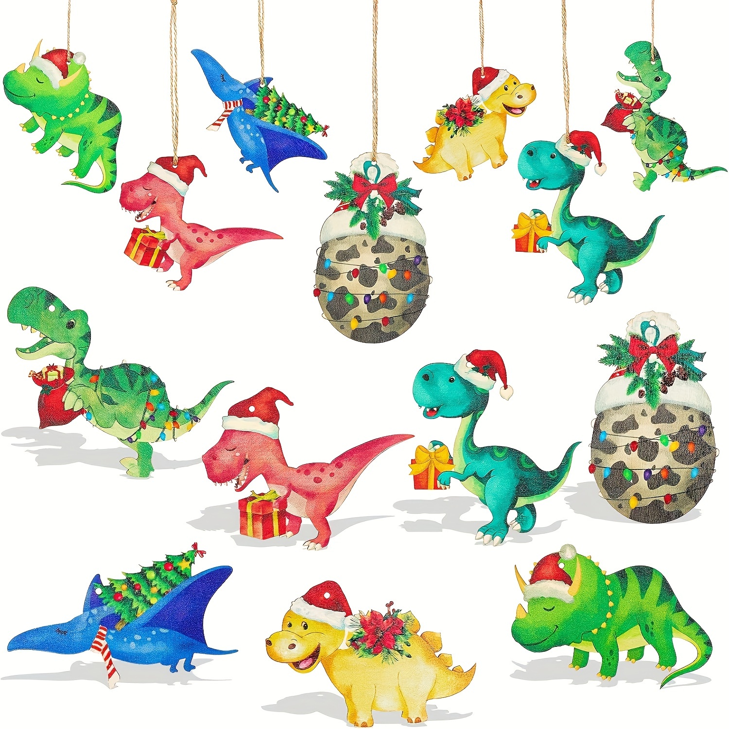 

21pcs Dinosaur Christmas Tree Ornament Set - Vintage Wooden Watercolor Decorations For Holiday, Halloween & Thanksgiving