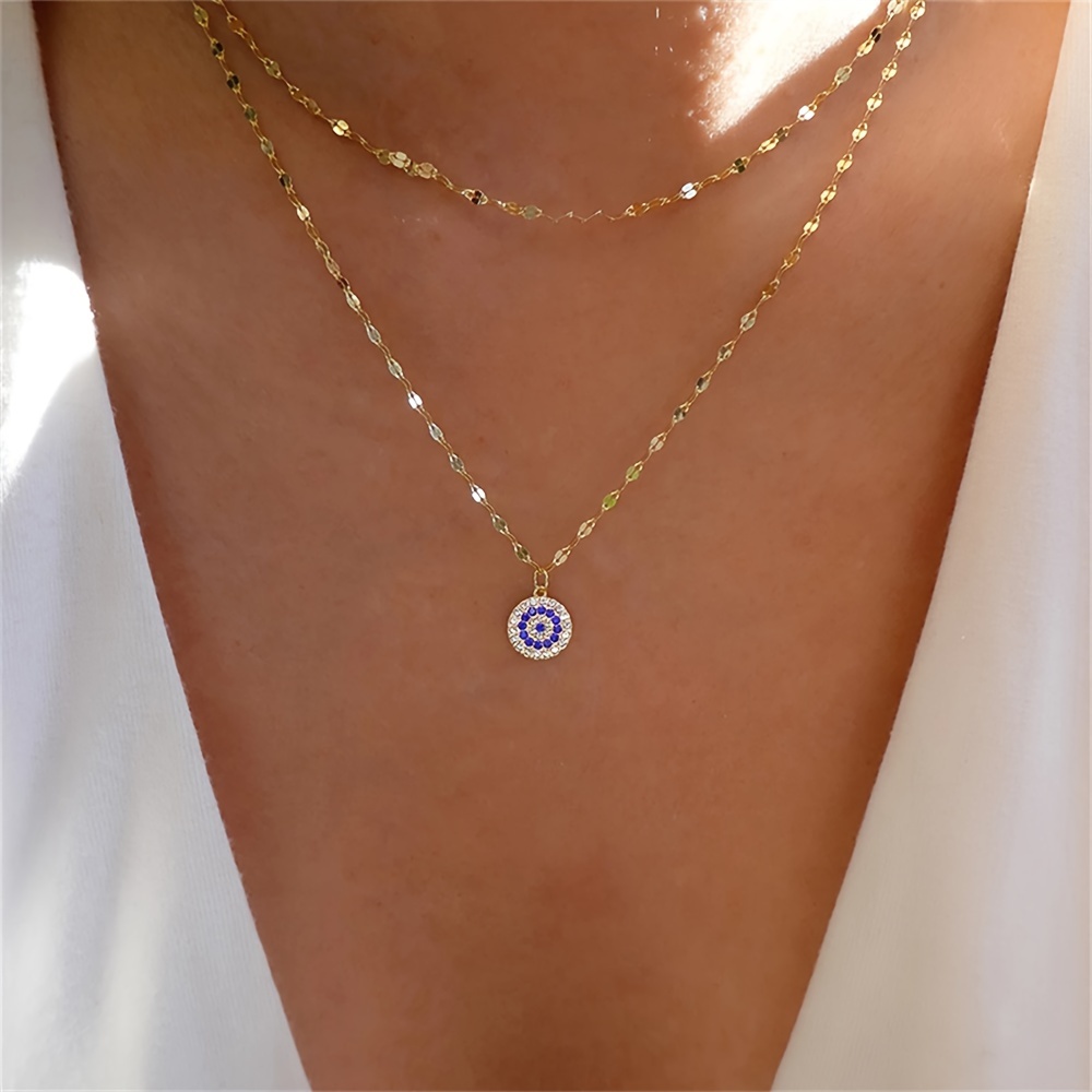 

Inlaid Rhinestones Devil's Eye Pendant Double Layer Necklace Personality Zinc Alloy Clavicle Chain Accessories