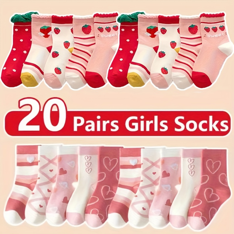 20-pack Kids' Soft Socks With Heart And Strawberry Patterns, Suitable For , Perfect Gift For Children Under 12 Years Old