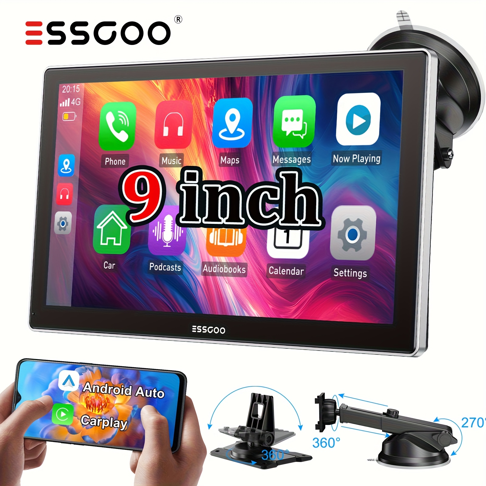 TEMU Essgoo 9-inch Portable Carplay All In 1 Wireless Car Stereo With & Android Auto Ips Display, Built-in Speaker, Calling & Voice Control Universal