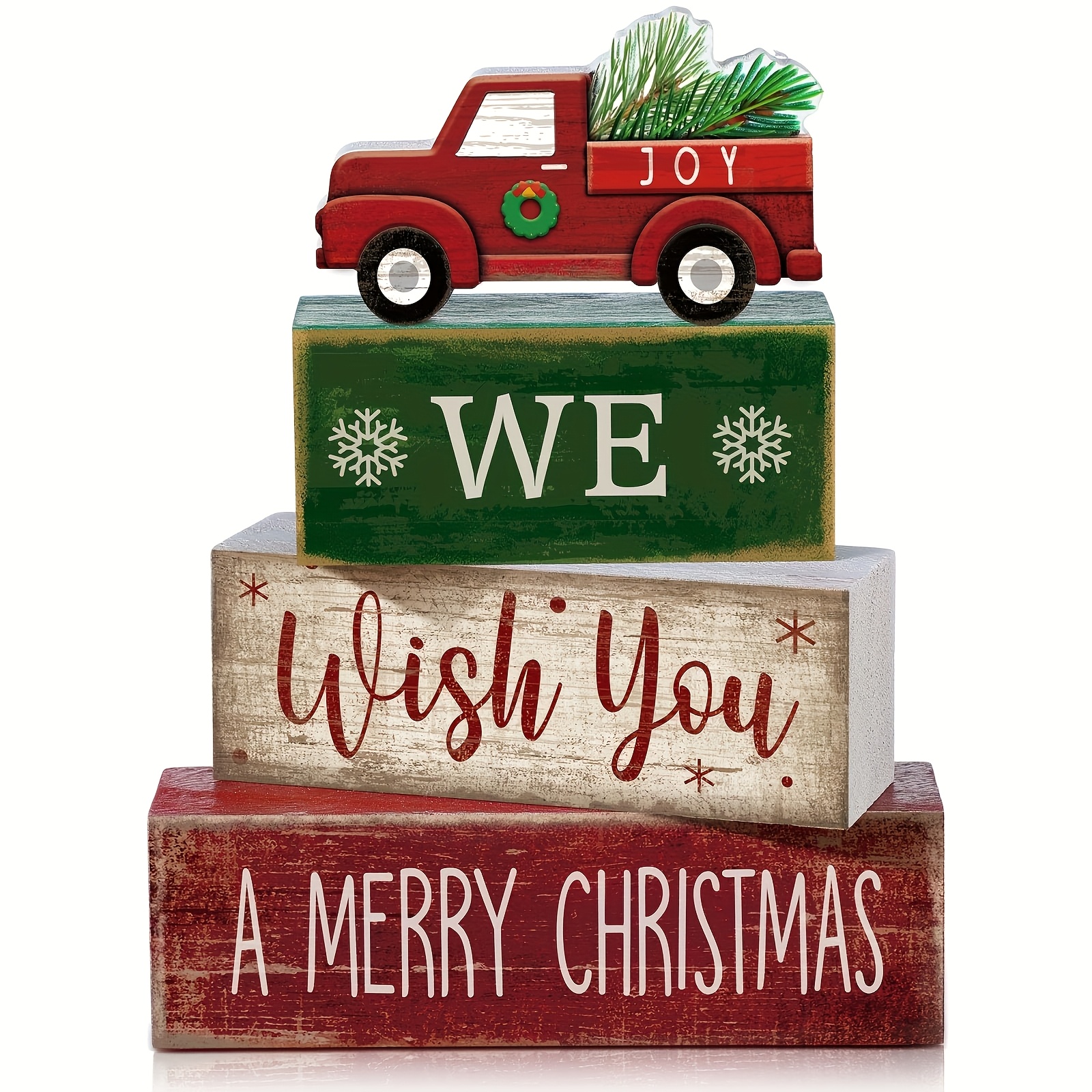 TEMU 4pcs Christmas Party Table Centerpiece -snowflake & Car With "we A Merry Christmas" Text, Red And Green Christmas Tiered Tray Decoration Set,