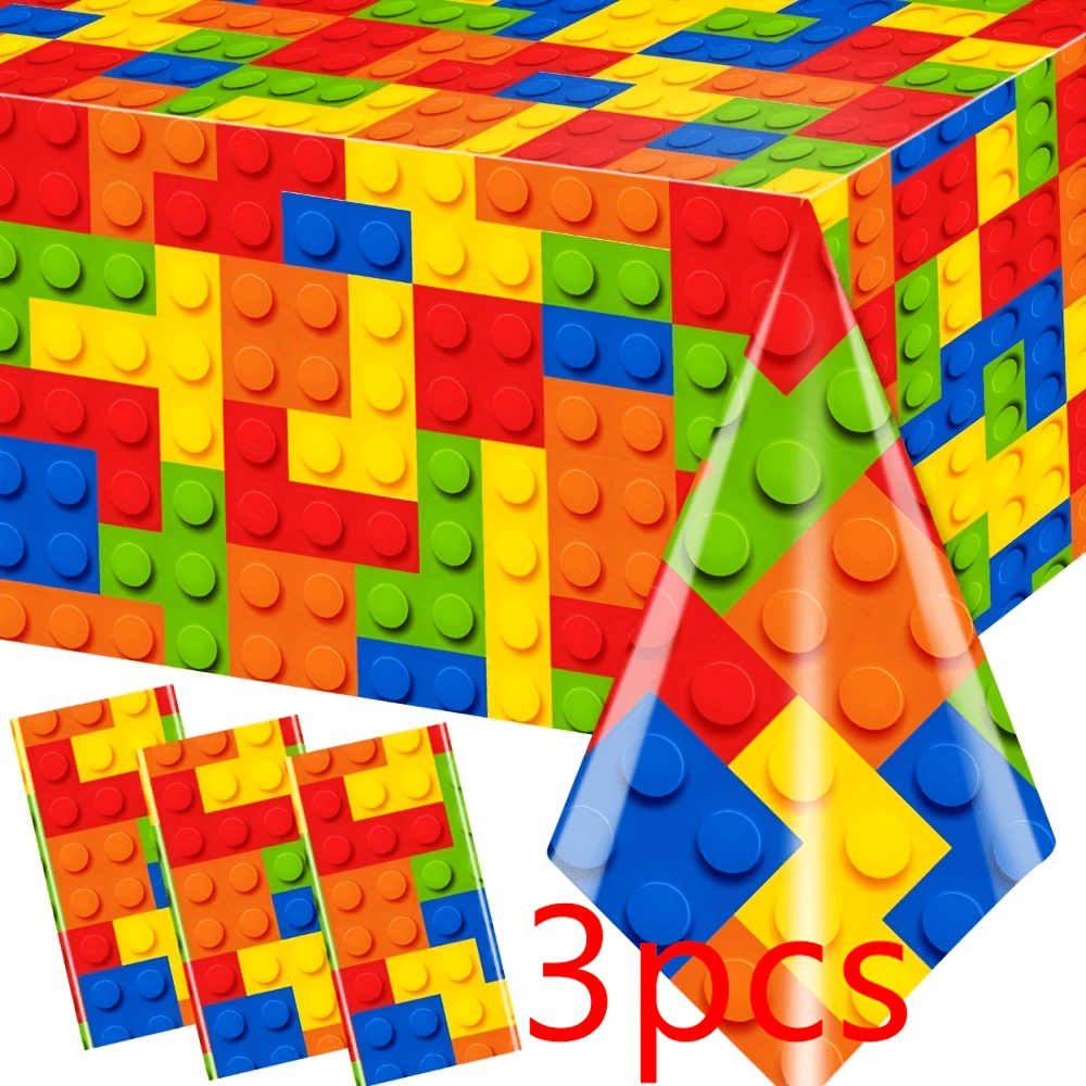 TEMU 3pcs Building Block Tablecloths, Building Block Birthday Party Supplies High Quality Plastic Colorful Blocks Bricks Table Cover For Building