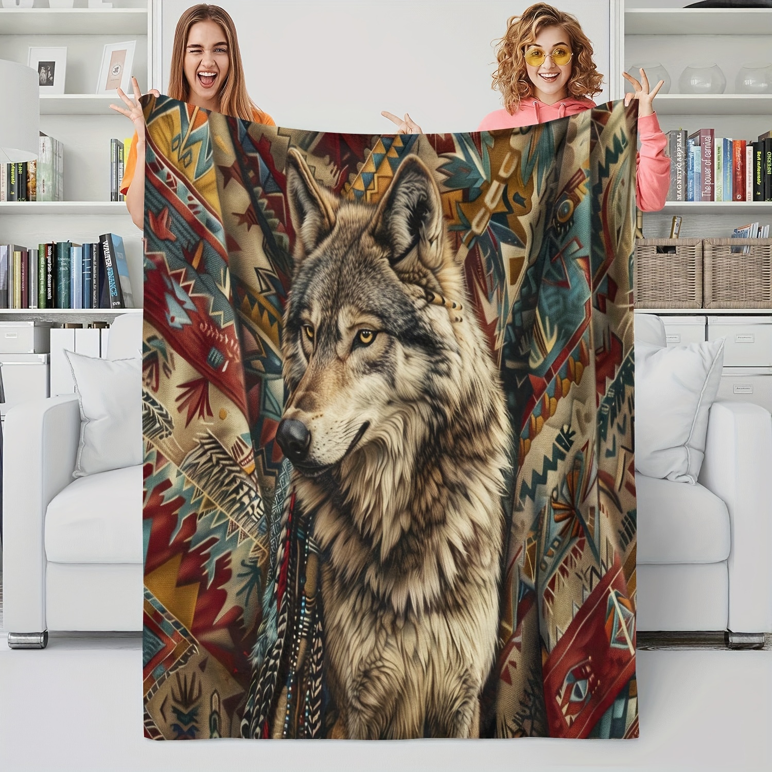 

1pc Gift Blanket For Brother Vintage Indian Totem Wolf Soft Blanket Flannel Blanket For Couch Sofa Office Bed Camping Travel, Multi-purpose Gift Blanket For All Season