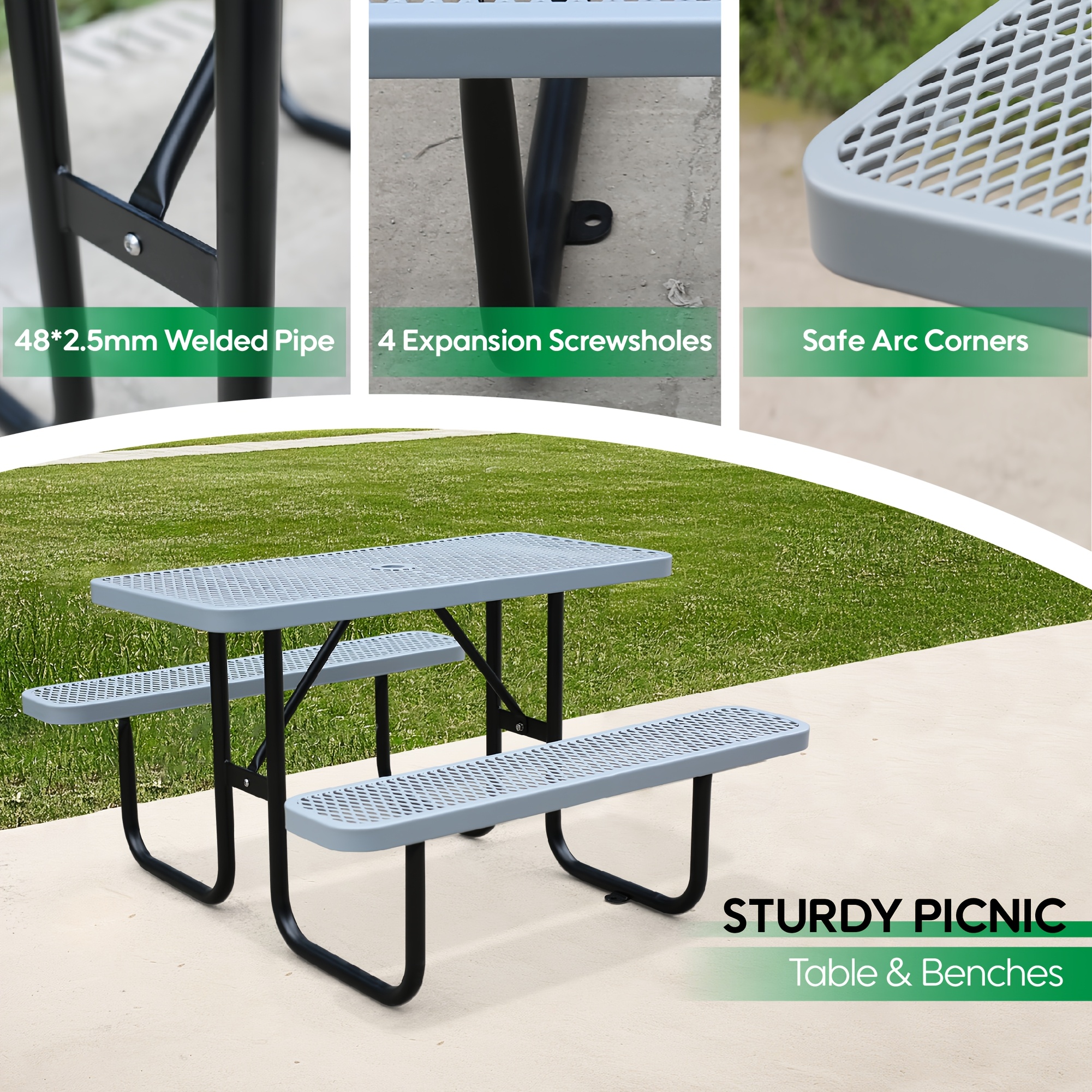 4/6ft Heavy-Duty Metal Picnic Tables with Umbrella Hole for Outdoor, Rectangular 4-6-Person Picnic Tables with Bench, Commercial Expanded Picnic Table And Bench Set, Outside Furniture Set for Yard Outside Garden Backyard Porch Patio Lawn, All-Weather