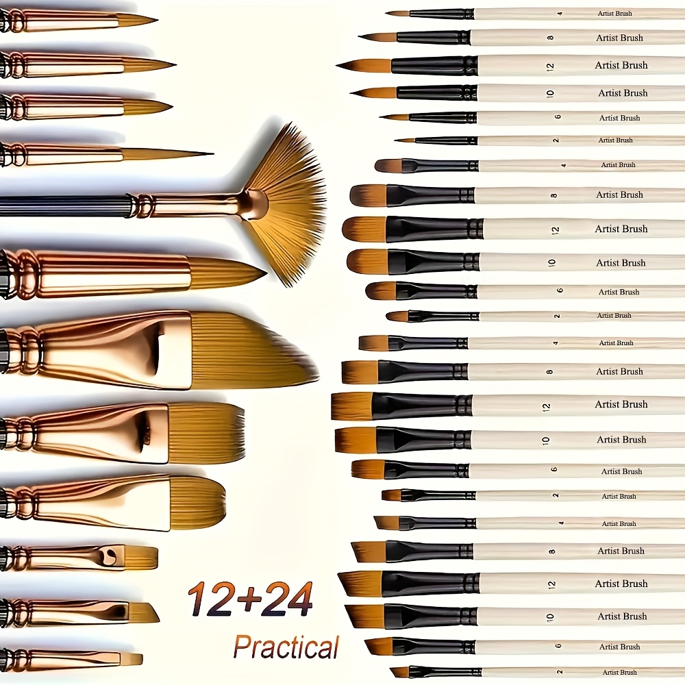 36pcs Artist Paint Brush Set Nylon Bristles For Acrylic, Oil & Watercolor Painting Includes Round, , Flat, Fan, Angle & Fine Detail Brushes - For Beginners & Professionals - Ideal For Painting