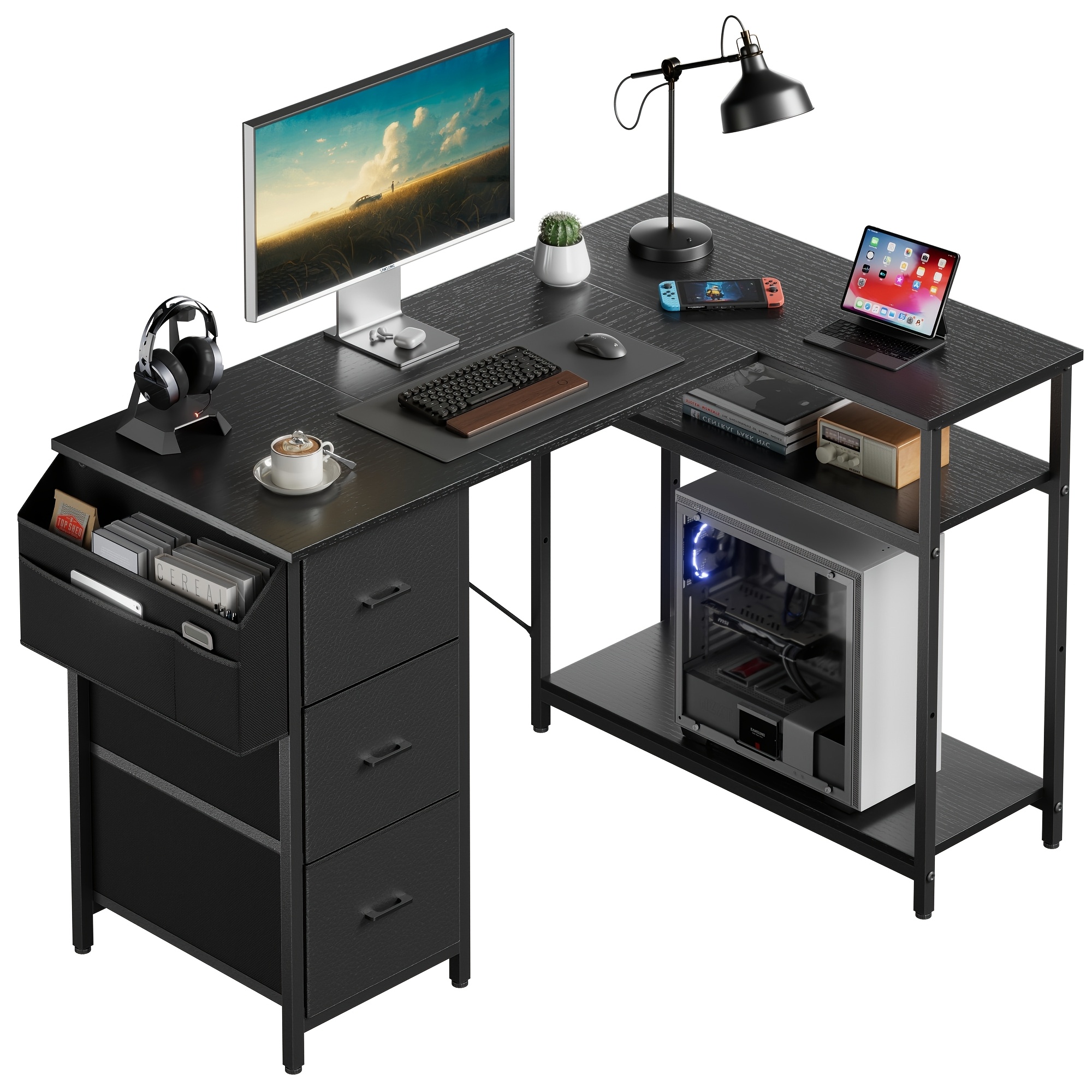 TEMU Bureau de jeu en L 47/55 pouces avec 3 tiroirs en tissu, idéal pour le rangement et le de place, pour bureau à domicile avec support de CPU,