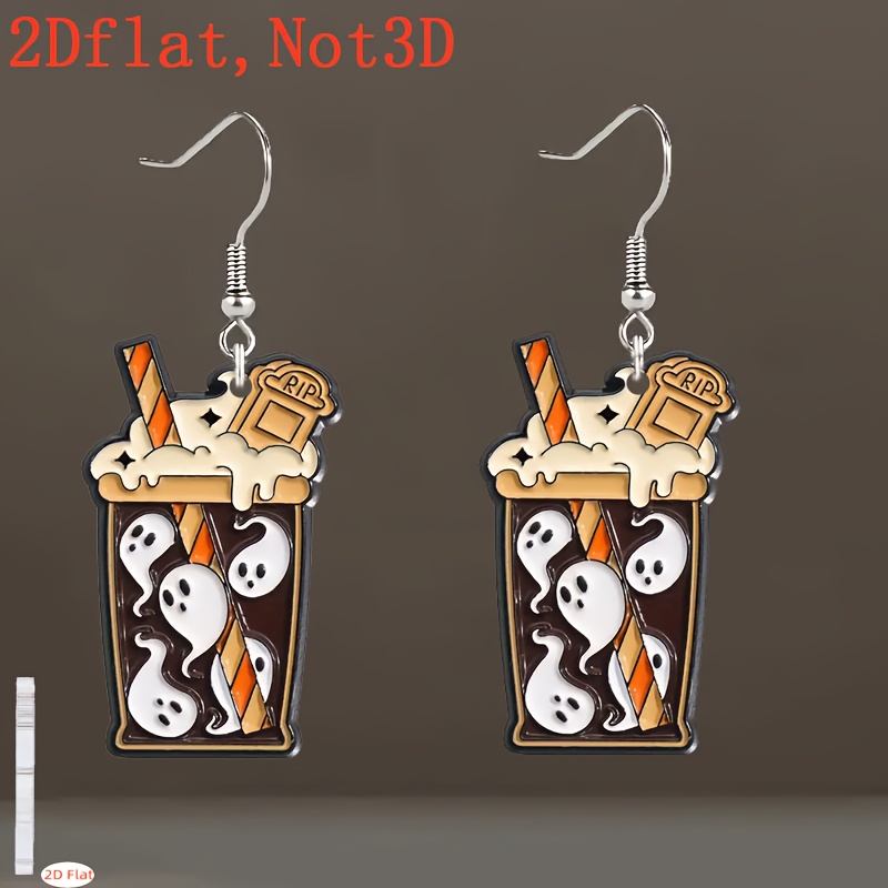 TEMU 2d Flat, 2d Flat Halloween Coffee Earrings - Cute Retro Acrylic Pendant Earrings With Fun And Latte Art Design, Lightweight And Comfortable For