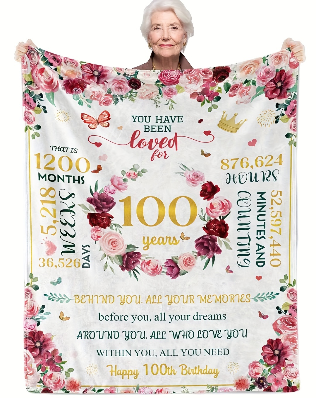 1pc floral centenarian celebration blanket ideal 100th birthday gift for elderly women moms grandmas     machine washable multi purpose fleece throw with rose   design details 0