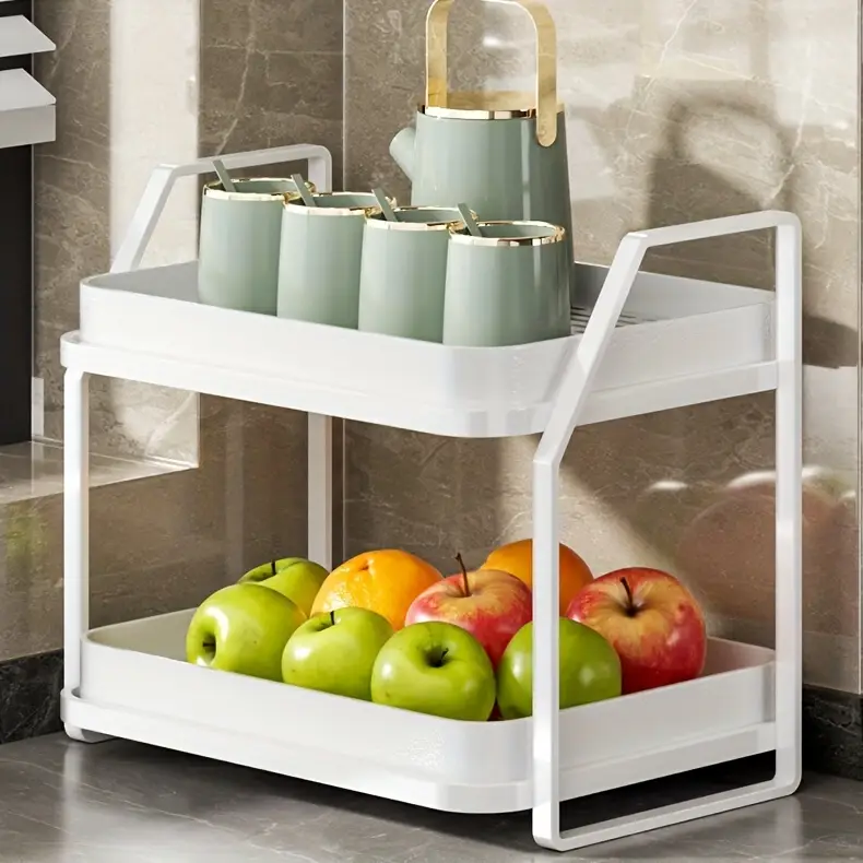 expandable double layer kitchen organizer rack golden metal frame with white plastic bins cup storage drainage coffee tea display shelf cutlery holder for countertop or cabinet multi purpose design cup display shelf solution functional design kitchen organizers and storage utility racks Product details 0