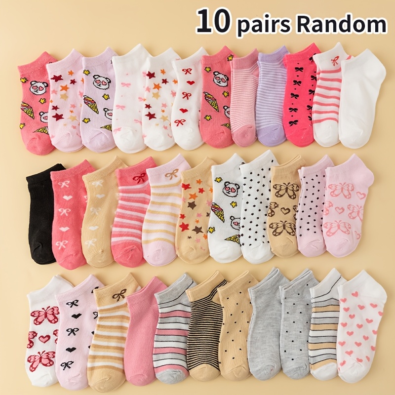 Random 5/10/20-pair Summer Socks With Bow, Pentagram Pattern, For Girls, For Teenager