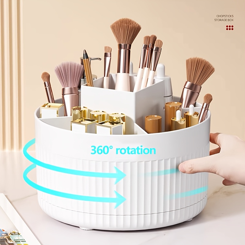 Image of 360° Rotatable Makeup Organizer With 5 Compartments, Multifunctional Storage, Easy Design, Perfume Stand, Ideal For Bedroom And Vanity, Makeup Brushes, Lipsticks, Skincare, Stationery