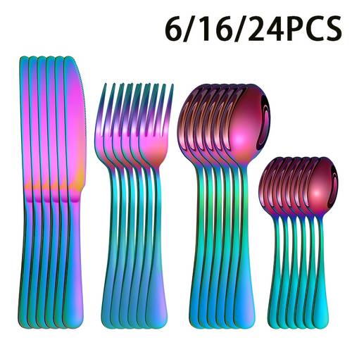 6 16 24pcs colorful stainless steel cutlery set mirror polished with spoon and fork set suitable for home festivals restaurants parties weddings outdoor celebrations