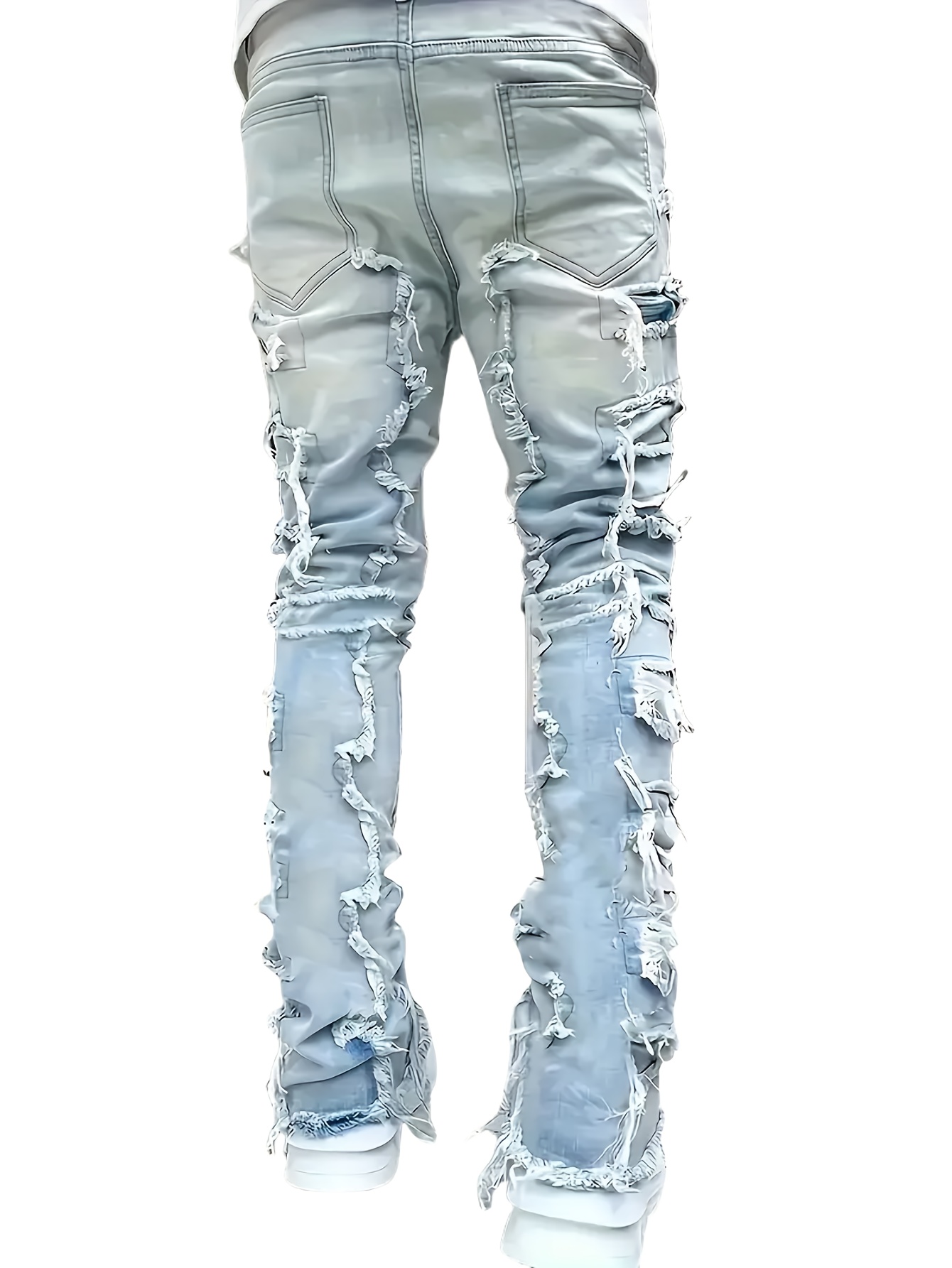 Light Blue Stacked Jeans for Boys, Boys Ripped Denim Jeans Pants Skinny Fit  Straight Leg, Fashion Destroyed Distressed, Straight Leg, Casual Str