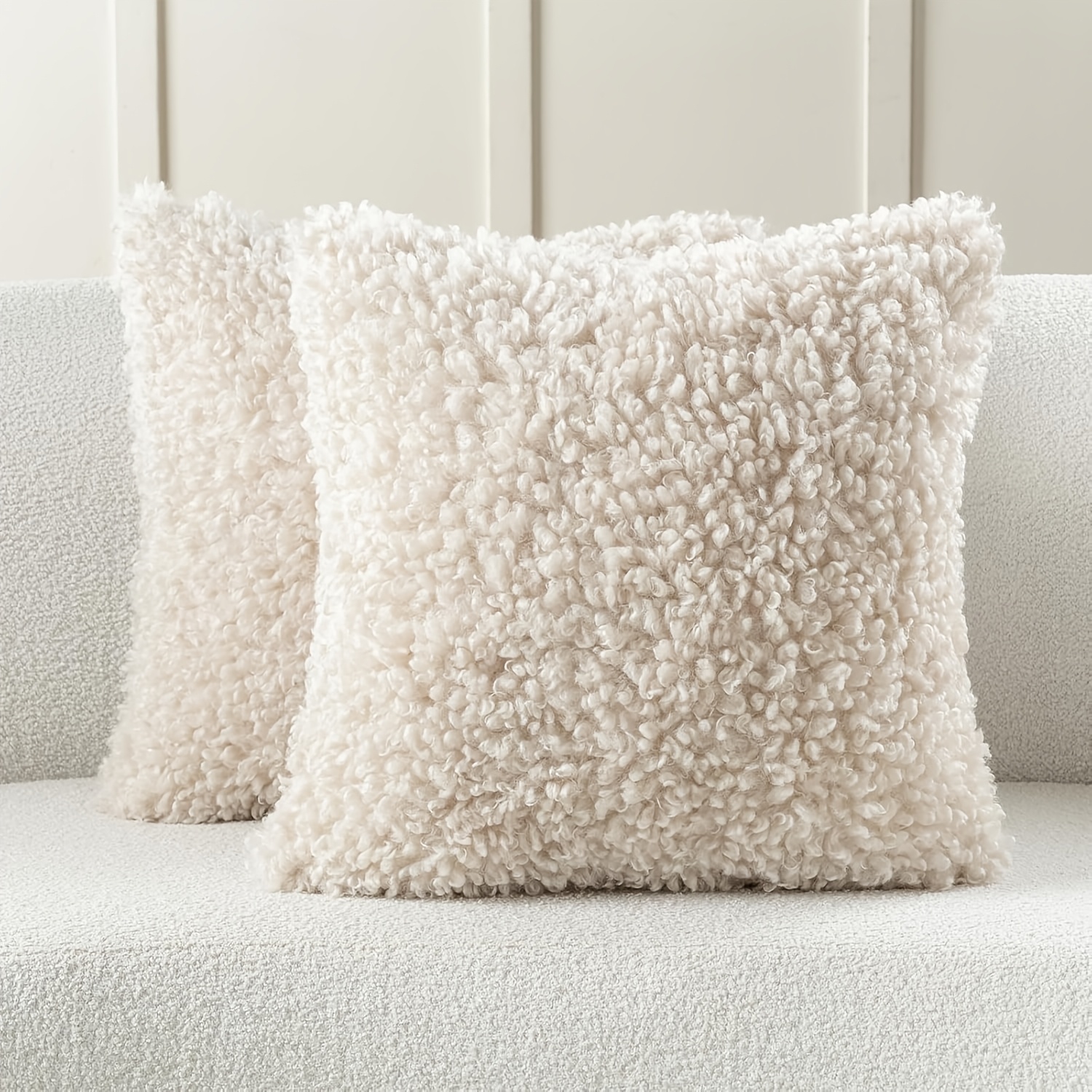E-shop 2er-Set Beige Lockige Teddy-Wolloptik Kunstfell-Kissenbezüge – Plüschige Mohair-Textur Bolster-Kissenbezüge, Ultraweiche Schafsfell-Optik für