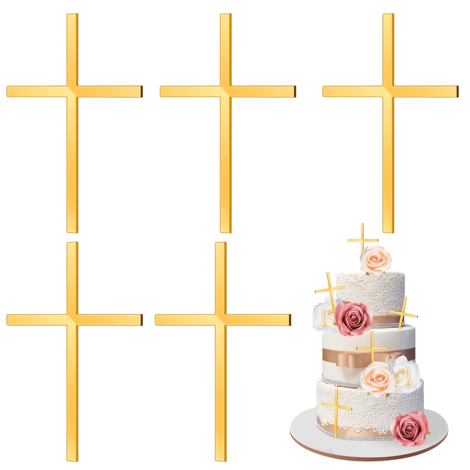Image of 6pcs Baptism Cake Toppers Acrylic Cross Cupcake Toppers Golden Crossing Cake Charm For Baby Shower Birthday Wedding Party Christian Decorations