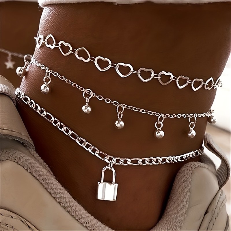 1 Set Of Three-piece Beach Heart-shaped Lock Anklet, Round Bead Hollowed-out Heart Smooth Anklet Set