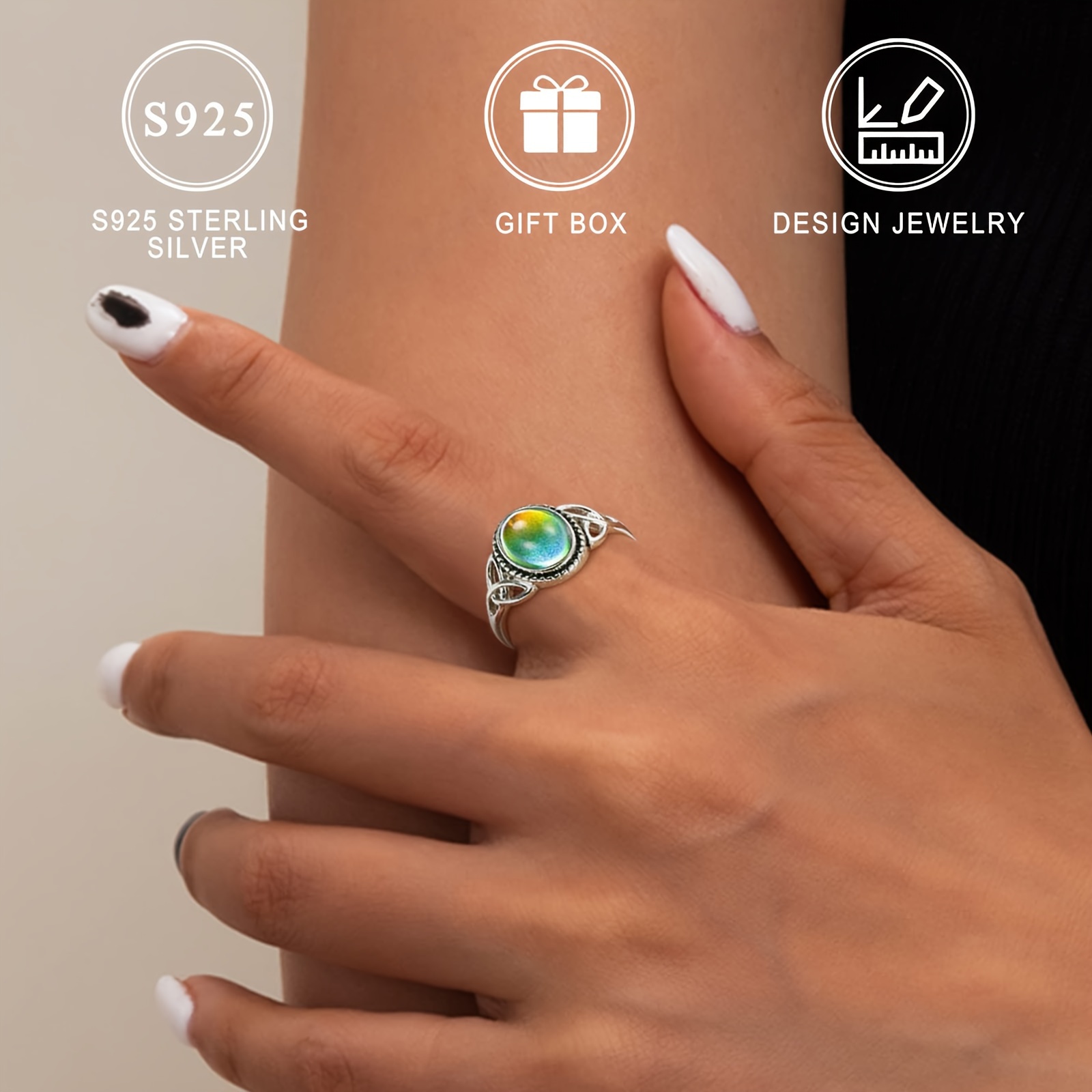 Vintage Oval Mood Ring with Celtic Knot - S925 Silver