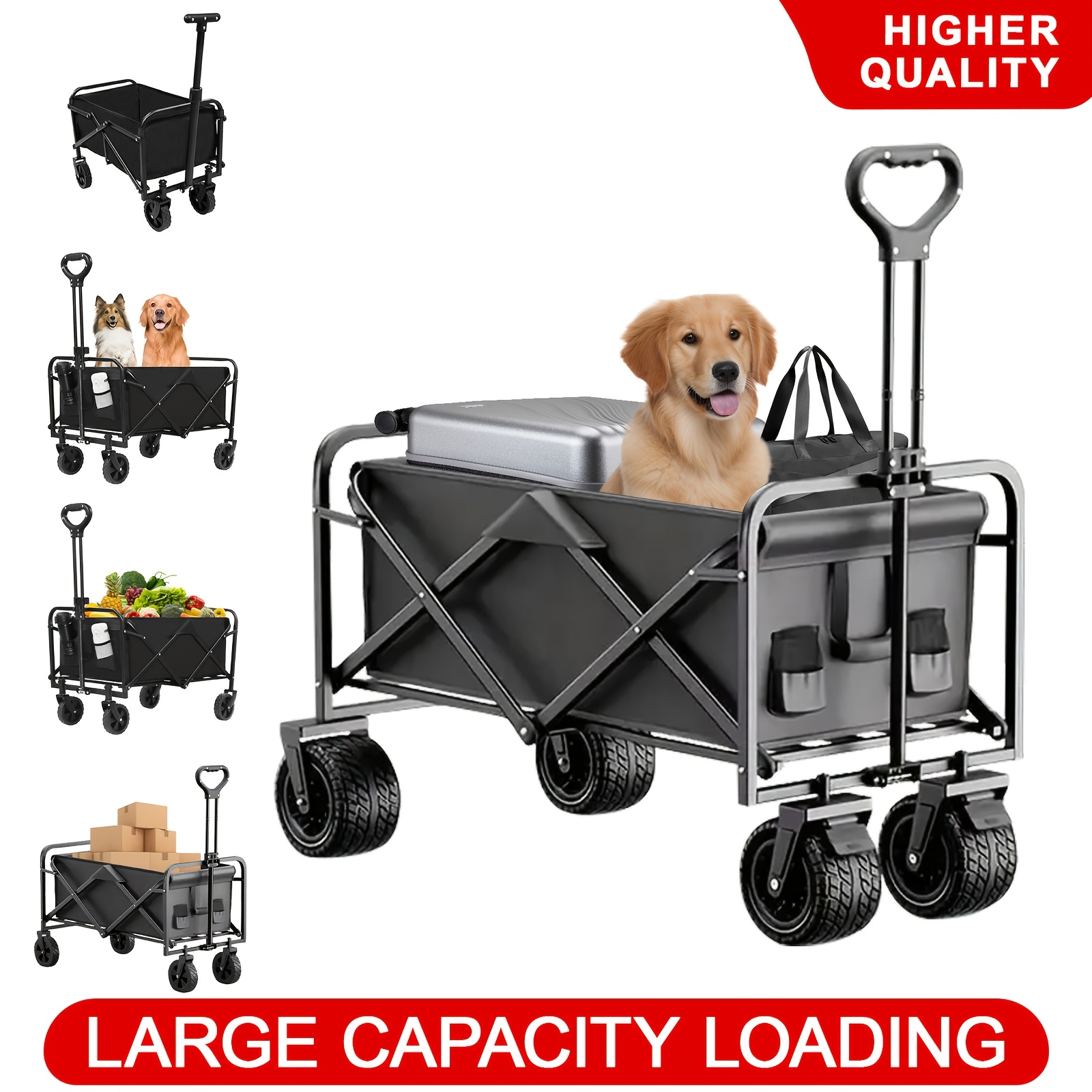 

Heavy Duty Collapsible Wagon Cart , 330lbs Capacity, Wheels, & Straps, Ideal For Beach, Lawn, Sports, Camping - Black, Pet Transport Cart|spacious Capacity| Utility, Large Foldable Wagon