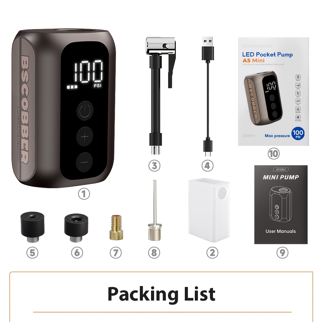 TEMU Bscobber Tire Quick Inflator, A5 100psi Pump, Easy To Carry And Use, Digital Screen Display, Usb-c , Ideal For Outdoor Cycling, Motorcycles, ,