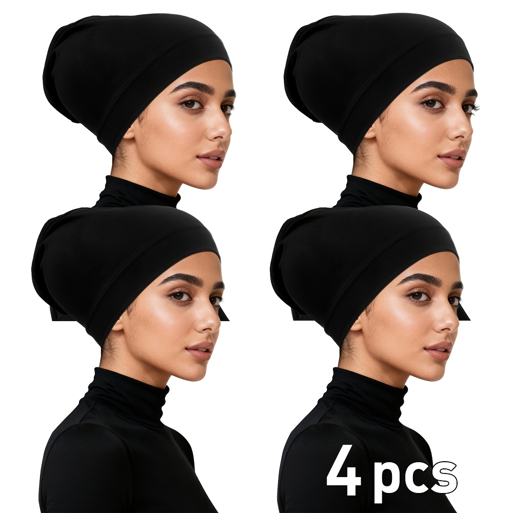 TEMU 4pcs/6pcs Basic Noir Pull à Capuche Femme Oversize Élastique Foulard Base Casquette, Respirant Léger Couleur Unie Sweat à Capuche Foulard