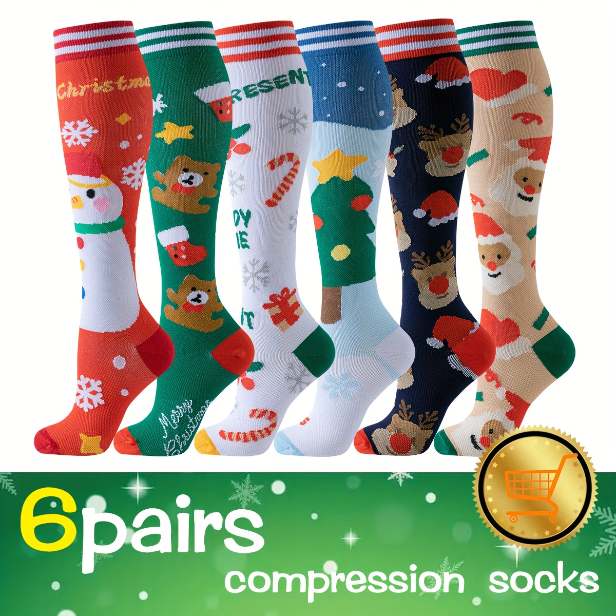 6 Pairs Christmas Compression Socks for   - Breathable Knee-High   Grade, Ideal for Running, Cycling, Hiking - Festive   with Santa, Reindeer,   & More - Perfect Gift for Nurses,  , and Sports Enthusiasts, Christmas Socks, Travel Socks, Indoor Outdoor Socks, Christmas Christmas Theme Eye Button Socks-  Free Gift for Air Vent Bus, Stall Button Socks, Christmas Styles, Festive Wear, Outdoor Activities,  , Printed Socks, Lightweight