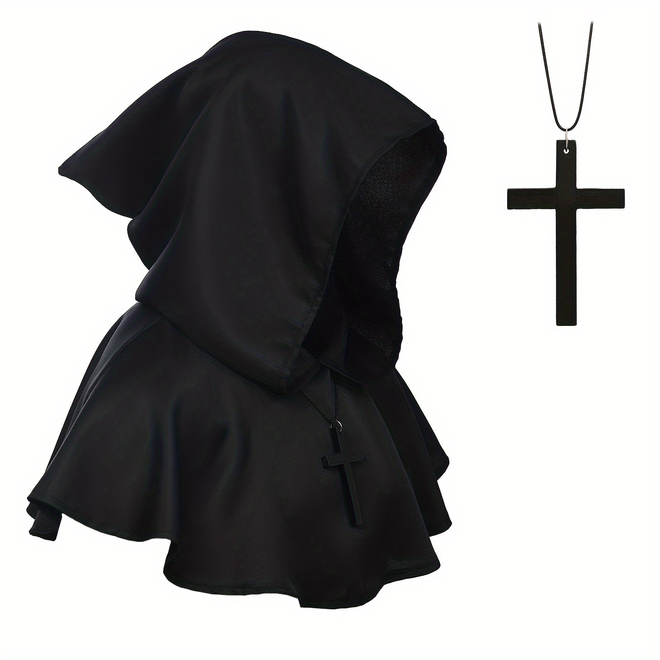 Medieval Cloak Hood with Cross Necklace - Polyester Gothic Cleric Robe Accessory for Cosplay, Carnivals, Christmas, Halloween, Easter, and Ramadan Celebrations - Unisex Hooded Cape for Themed Parties Without Electricity