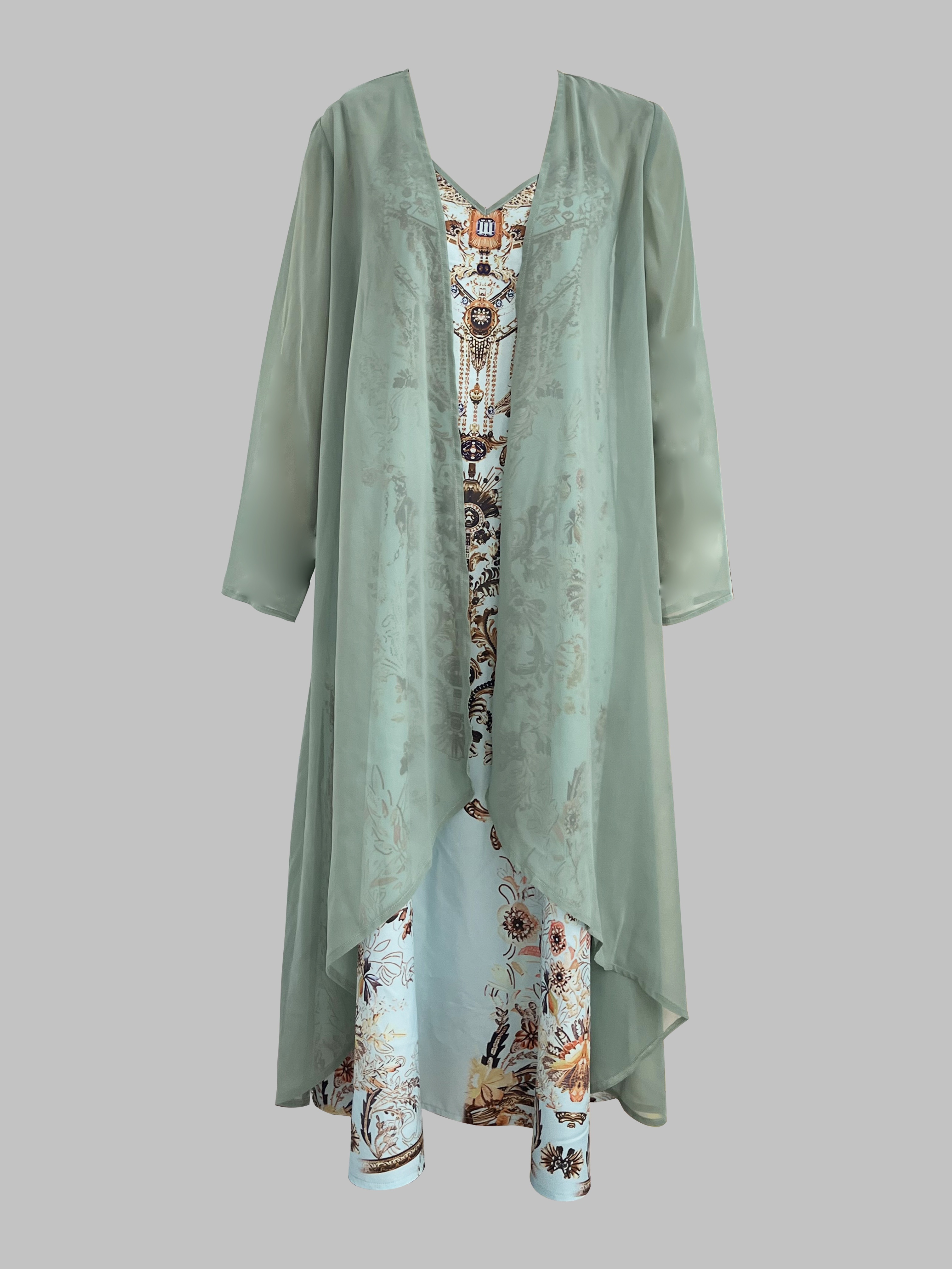 Conjunto De Dos Piezas Elegante, Vestido Estampado Floral Con Escote En V Y Top Abierto, Ropa De Mujer