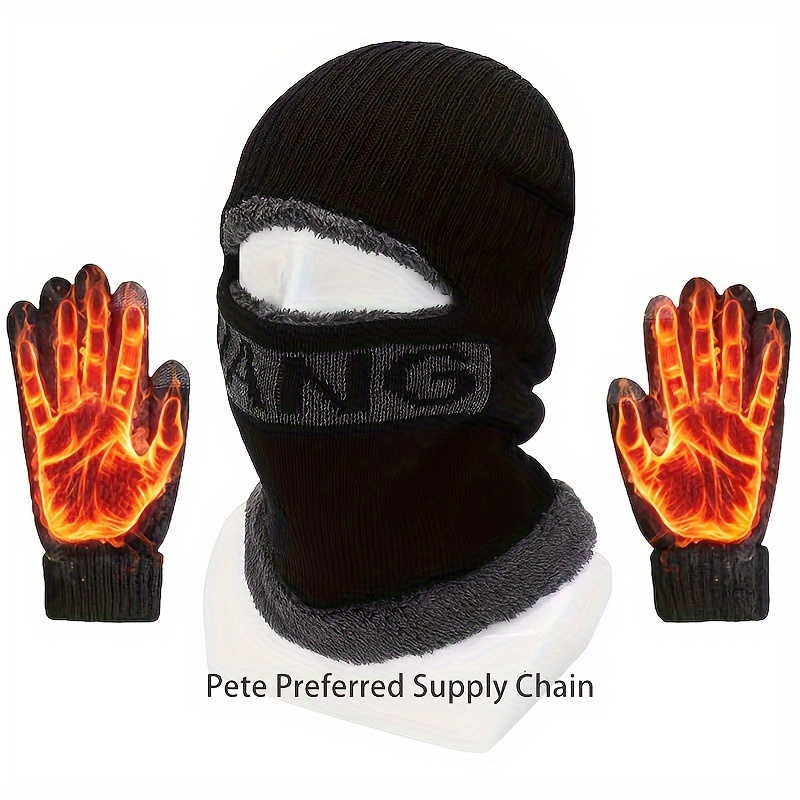 

Winter Set - Men's 2-piece Knit Beanie And Gloves, Balaclava Ski Mask With Neck Warmer, Integrated Fleece Lined Face Protection For Outdoor Activities, Black - Hand Washable