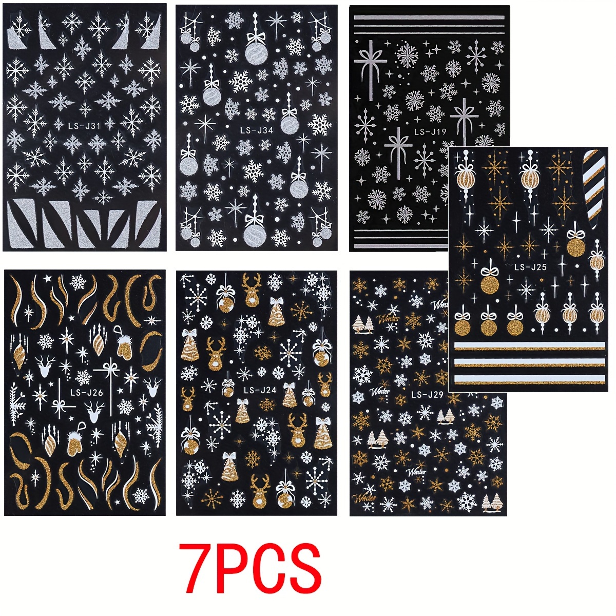 Image of 7-piece 3d Christmas Nail Art Stickers & Decals Set With Snowflake, Bell, And Stripes Patterns - Self-adhesive Plastic Nail Embellishments For Glass Surfaces, Matte Finish, Single Use - Unscented