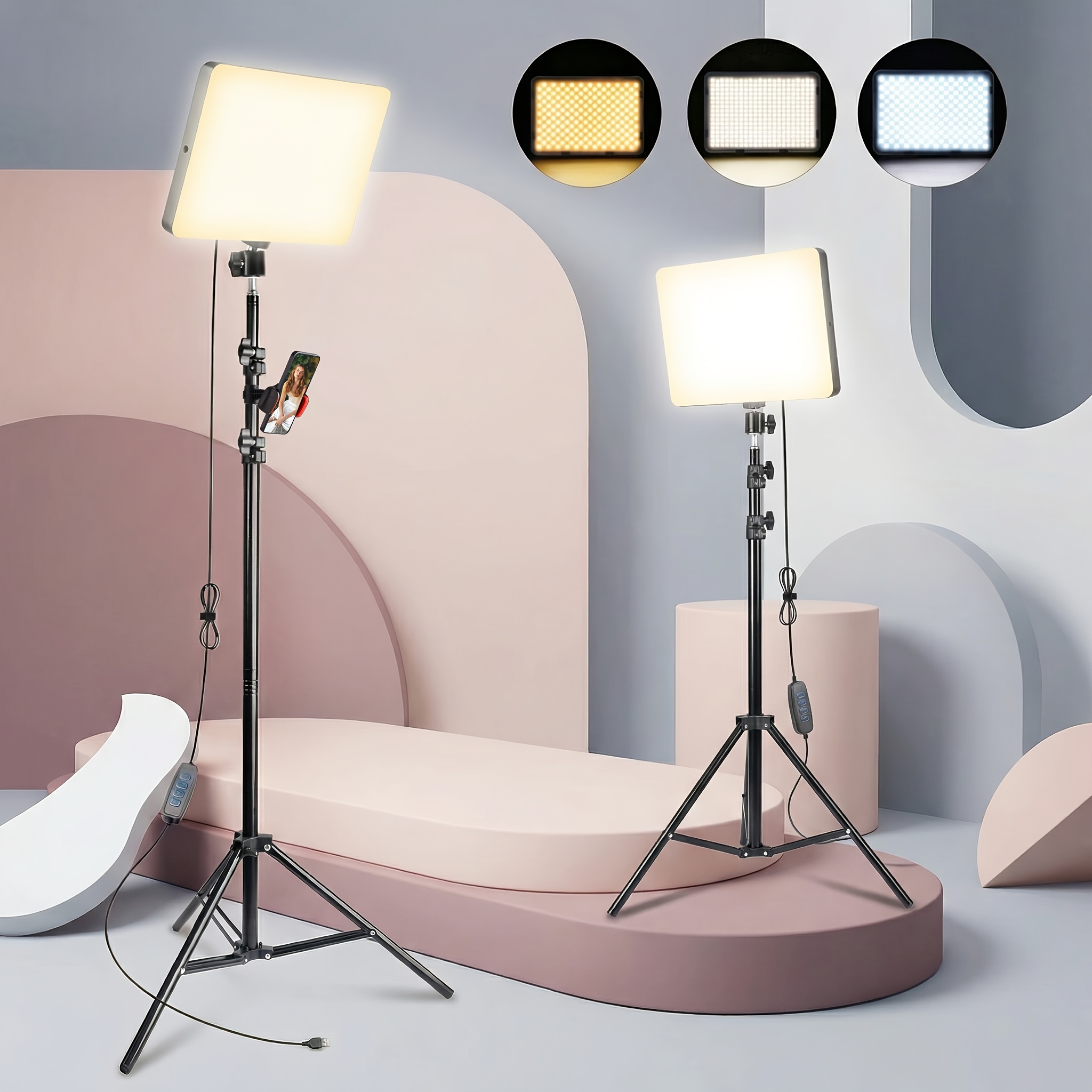 TEMU Uegogo Flat Panel Led Light Kit With 63 Inch Tripod Stand And Phone Holder, Usb Powered Dimmable Lighting With 3 , Soft Studio Light For