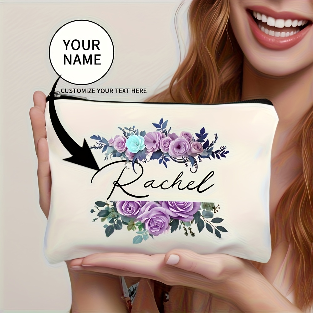 TEMU Customizable Floral Makeup Bag With Personal Name - Lightweight And Foldable Travel Storage Pouch, Zippered Cosmetic Bag, Machine Washable - For